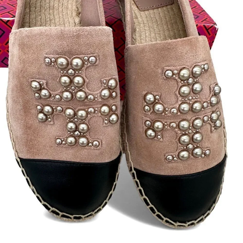Tory Burch Pearl Logo Espadrille Flats Sensory MFO Suede Meadowsweet Womens 10